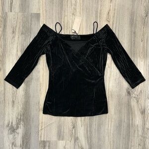 NWT SuperTrash ST Studio Black Velour Off Shoulder 3/4 Sleeve Shirt Top Size S